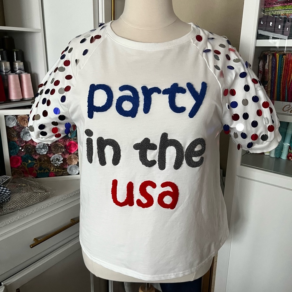 White Party in the USA T-Shirt with Polka Dot Sleeves